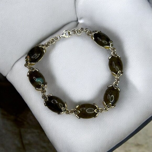 Sterling Silver Oval Link Green Stone 7 1/2" Bracelet, Elegant Jewelry For Women - Picture 1 of 9